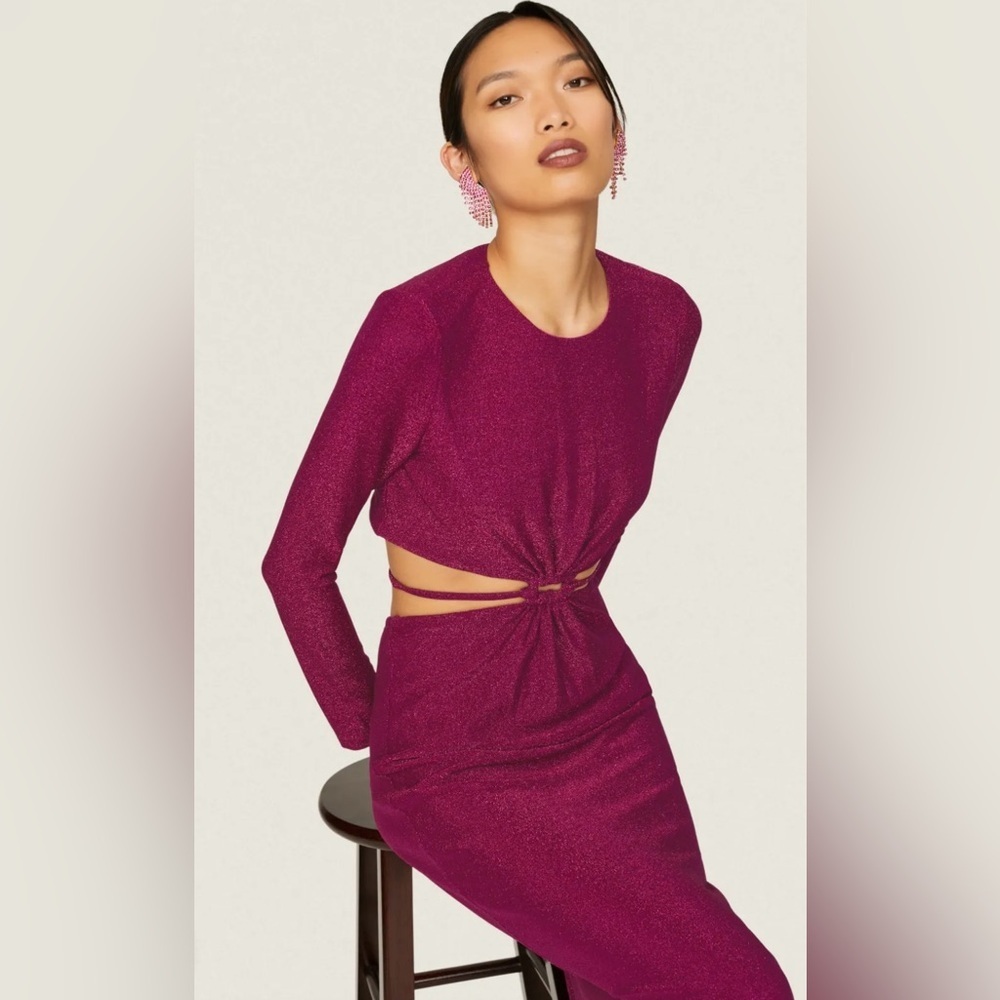 ML by Monique Lhuillier Elegant Purple Metallic Knit Long Sleeve Dress Size 10 - Picture 3 of 11